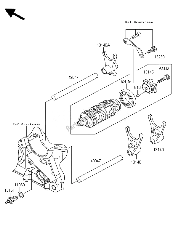 All parts for the Gear Change Drum & Shift Fork of the Kawasaki Z 750 ABS 2010