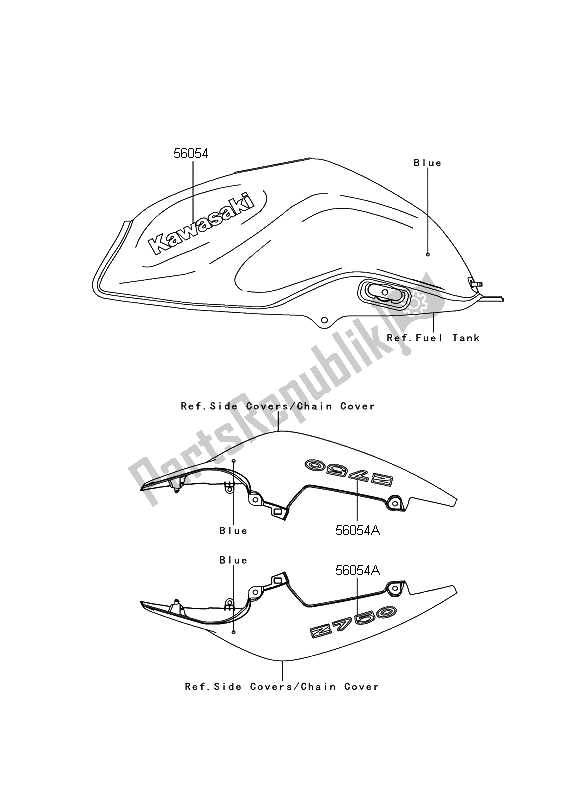 All parts for the Decals (blue) of the Kawasaki Z 750 2009