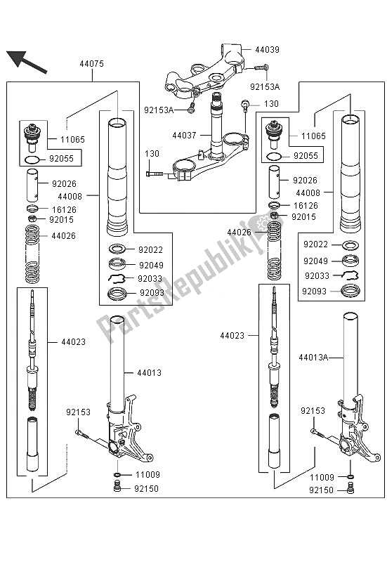 Alle onderdelen voor de Voorvork van de Kawasaki Ninja ZX 12R 1200 2005