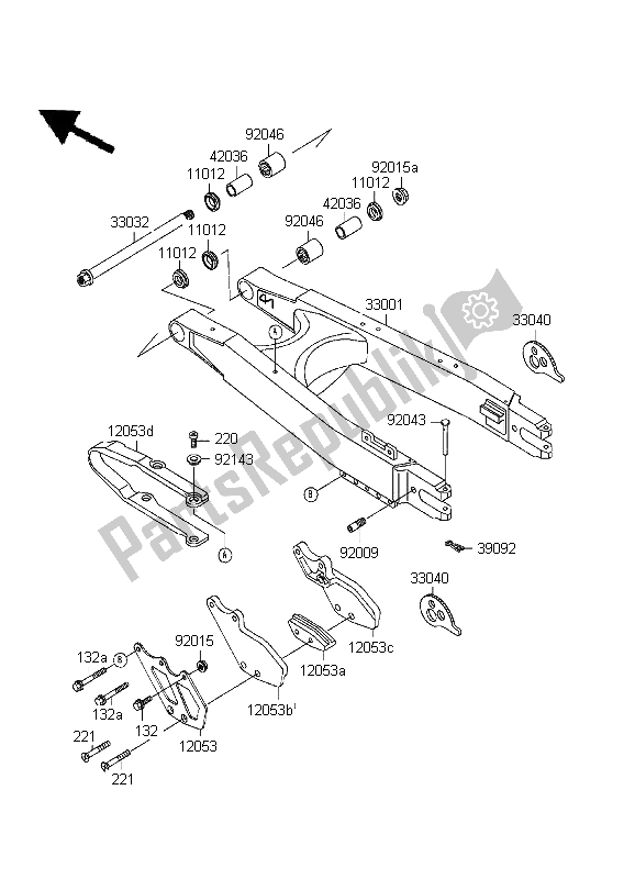 All parts for the Swingarm of the Kawasaki D Tracker 125 1999