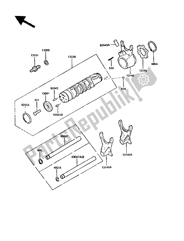 All parts for the Gear Change Drum & Shift Fork(s) of the Kawasaki GPZ 550 1985