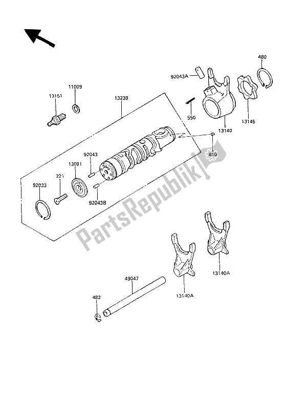 All parts for the Gear Change Drum & Shift Fork(s) of the Kawasaki GPZ 550 1989