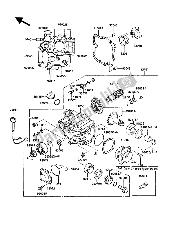 All parts for the Front Bevel Gear of the Kawasaki 1000 GTR 1988