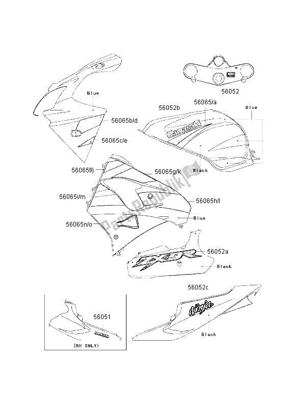 All parts for the Decals (blue-black) of the Kawasaki Ninja ZX 9R 900 2002