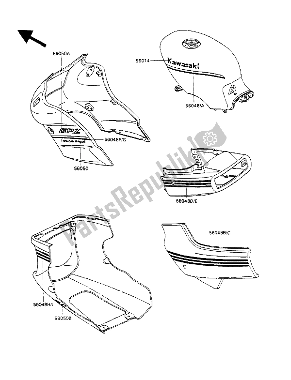 Todas las partes para Calcomanías (blanco-gris) de Kawasaki GPZ 500S 1989