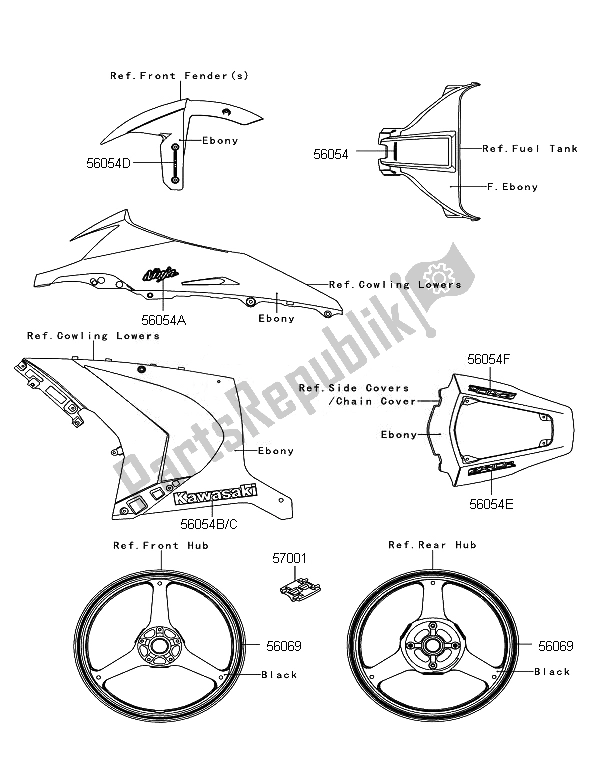 Tutte le parti per il Decalcomanie (ebano) del Kawasaki Ninja ZX 10R ABS 1000 2011
