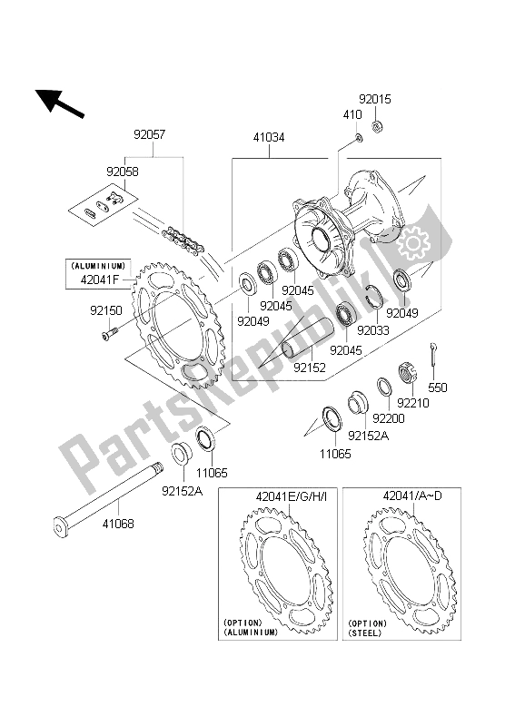 Tutte le parti per il Mozzo Posteriore del Kawasaki KX 250F 2004