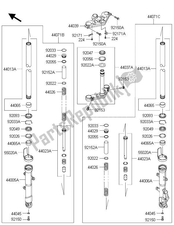 All parts for the Front Fork of the Kawasaki Ninja 300 2015