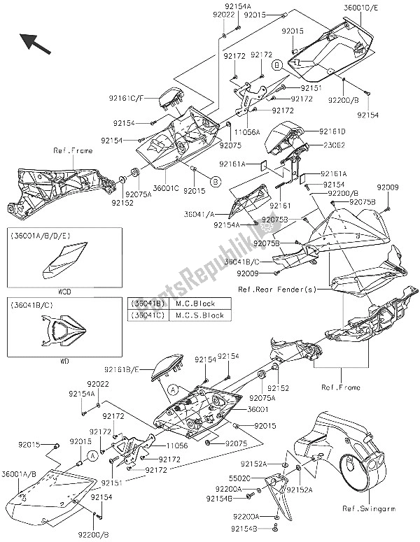 Alle onderdelen voor de Zijafdekkingen En Kettingafdekking van de Kawasaki Ninja H2R 1000 2016
