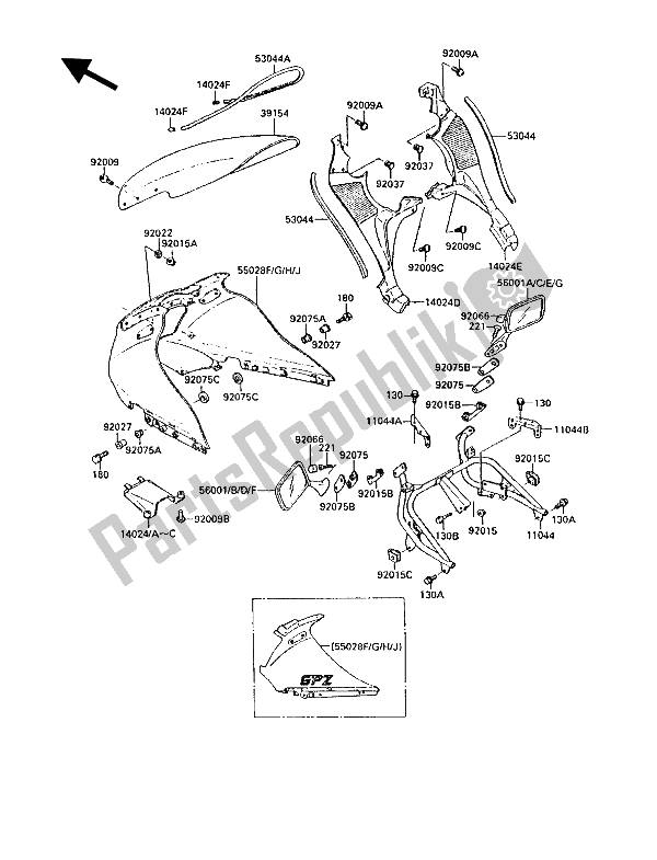 Alle onderdelen voor de Motorkap van de Kawasaki GPZ 1000 RX 1988