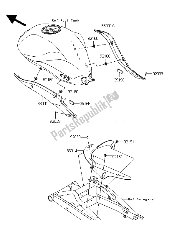 Alle onderdelen voor de Zijafdekkingen En Kettingafdekking van de Kawasaki ER 6F ABS 650 2011