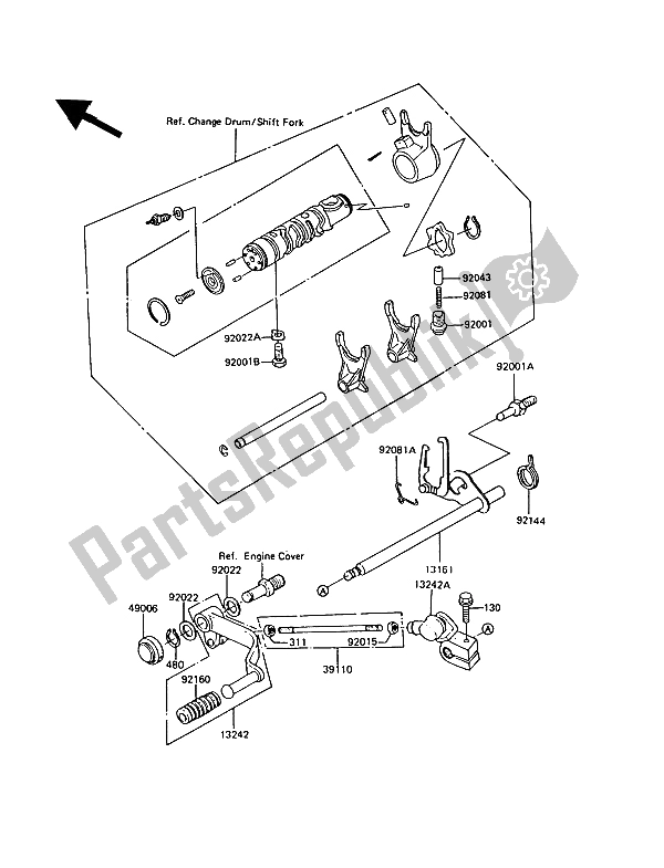 All parts for the Gear Change Mechanism of the Kawasaki GT 550 1989