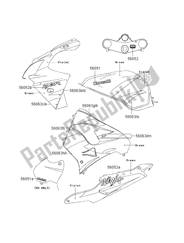 All parts for the Decals (green-violet) of the Kawasaki Ninja ZX 9R 900 2000