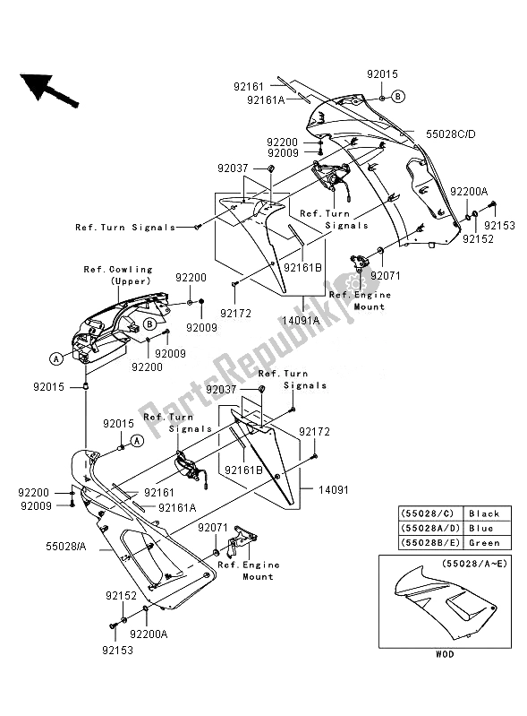 Alle onderdelen voor de Motorkap (midden) van de Kawasaki ER 6F ABS 650 2007