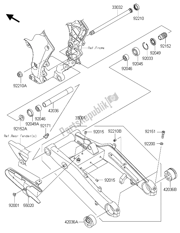 Alle onderdelen voor de Achterbrug van de Kawasaki Z 1000 SX 2015