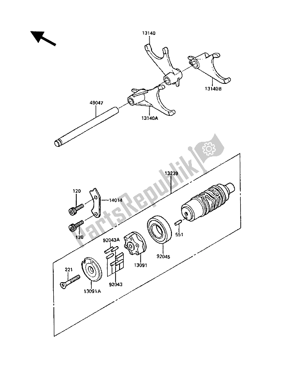 All parts for the Gear Change Drum & Shift Fork(s) of the Kawasaki 1000 GTR 1988