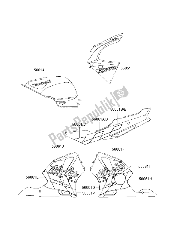 Alle onderdelen voor de Stickers (zilver) van de Kawasaki Ninja ZX 6R 600 1997