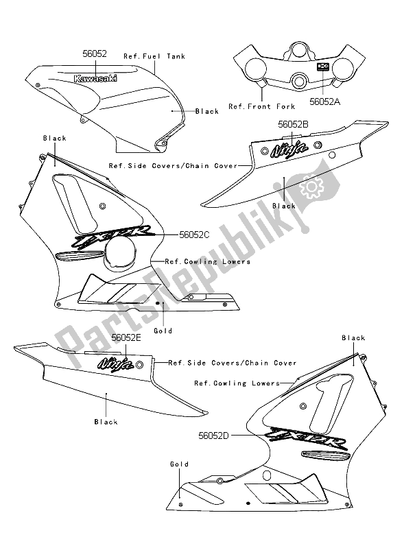 All parts for the Decals (black) of the Kawasaki Ninja ZX 12R 1200 2006