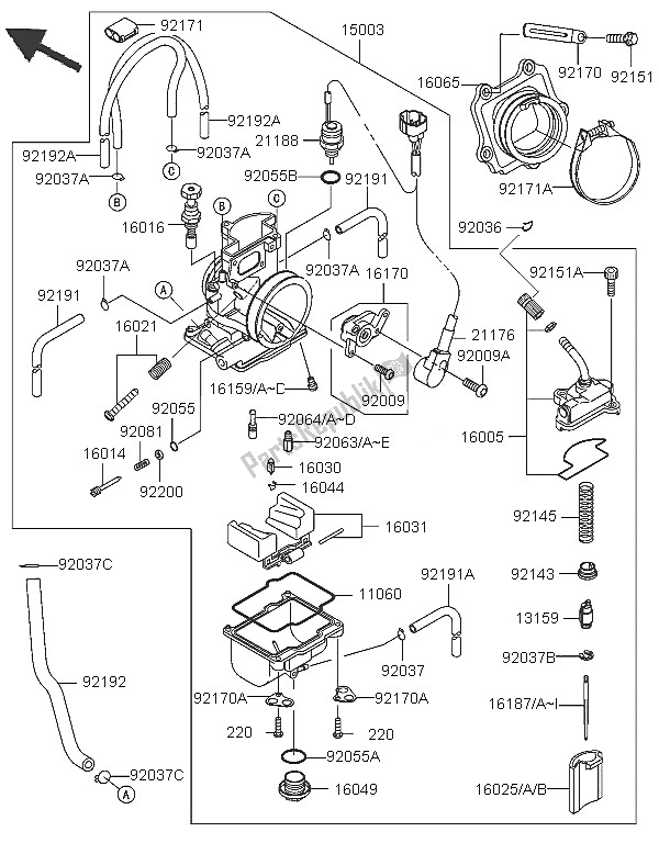 Alle onderdelen voor de Carburator van de Kawasaki KX 250 2005