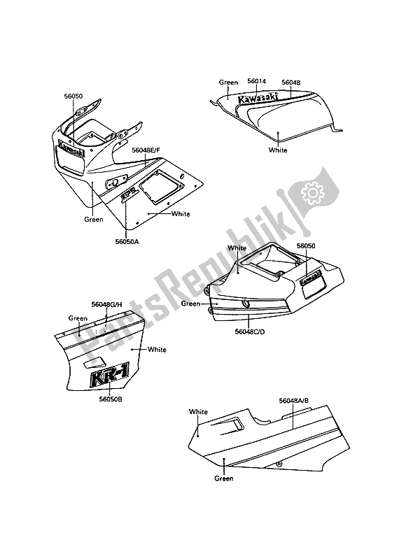 Alle onderdelen voor de Stickers van de Kawasaki KR 1 2 250 1989