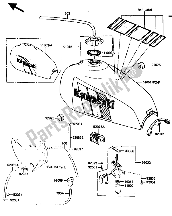 Alle onderdelen voor de Benzinetank van de Kawasaki KE 125 1985