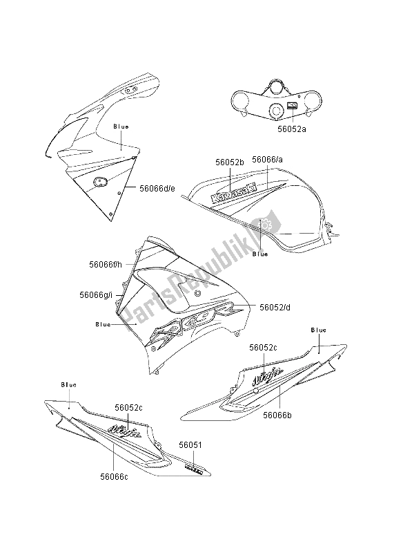 All parts for the Decals (blue) of the Kawasaki Ninja ZX 9R 900 2003