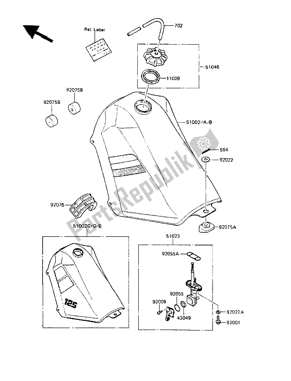 All parts for the Fuel Tank of the Kawasaki KMX 125 1987