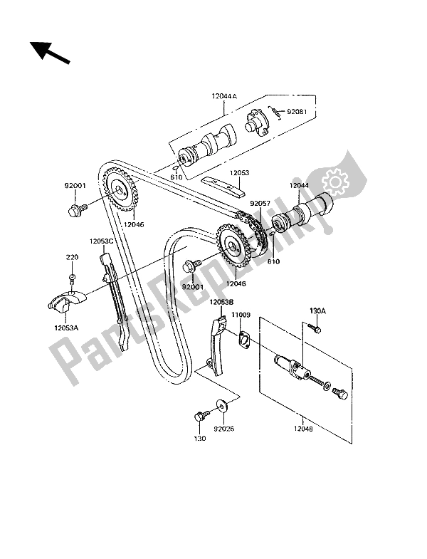Alle onderdelen voor de Nokkenas (sen) En Spanner van de Kawasaki KLR 600 1992