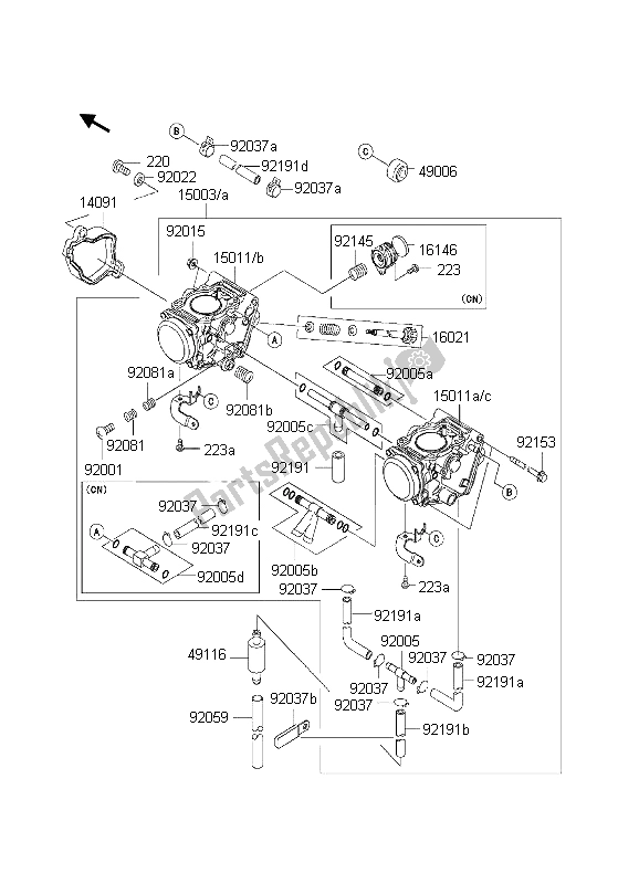 Tutte le parti per il Carburatore del Kawasaki KVF 650 Prairie 4X4 2003