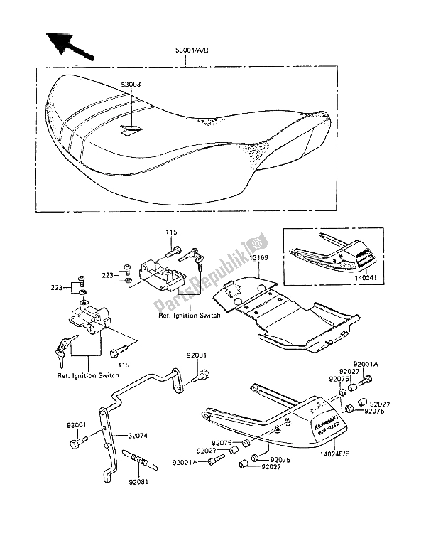 Alle onderdelen voor de Stoel (ex305b-000001 & Nami. 005757) van de Kawasaki GPZ 305 Belt Drive 1985