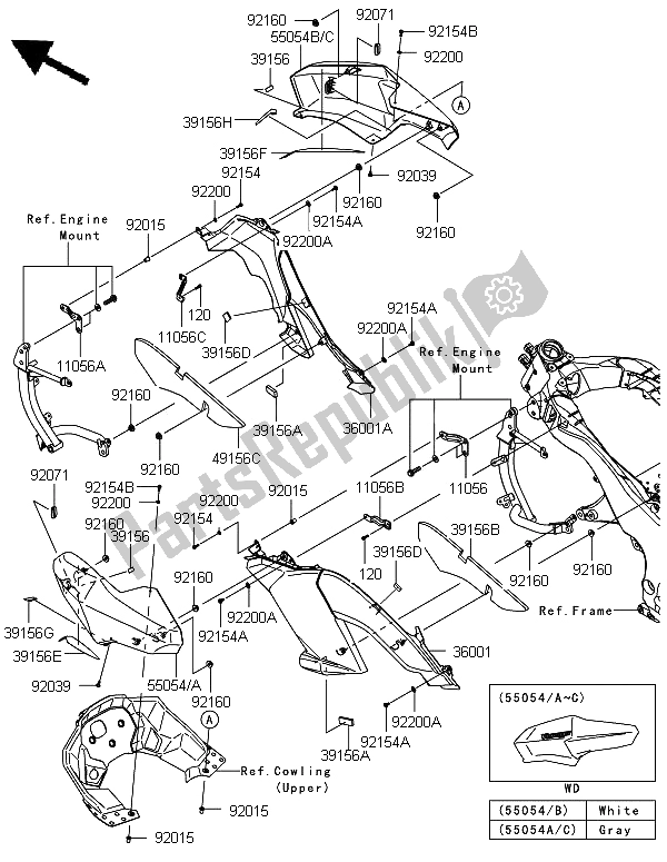 All parts for the Cowling (center) of the Kawasaki Versys 1000 2012