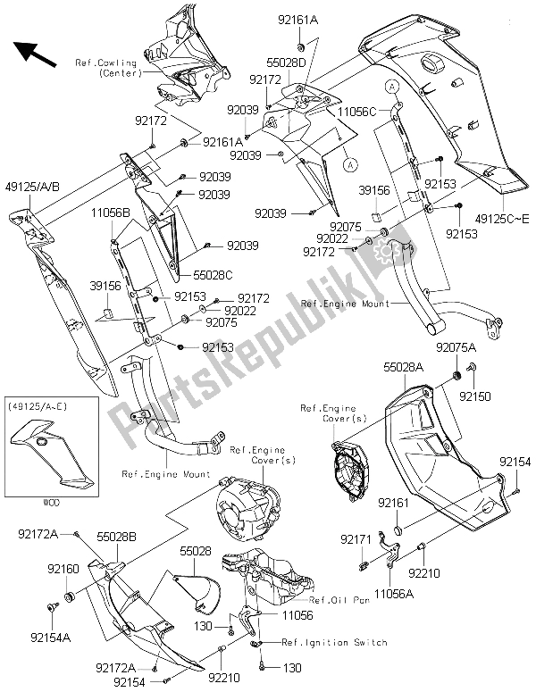 Alle onderdelen voor de Motorkap Zakt van de Kawasaki Versys 1000 2015