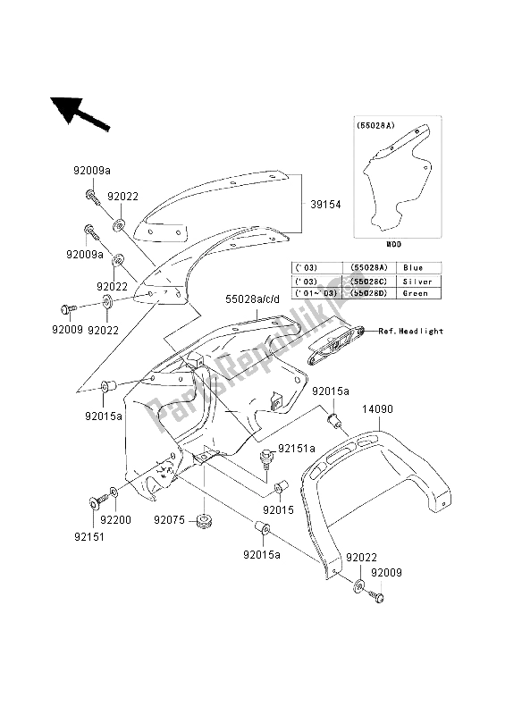 All parts for the Cowling of the Kawasaki ZRX 1200R 2003