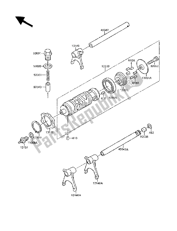 All parts for the Gear Change Drum & Shift Fork(s) of the Kawasaki GPX 250R 1988