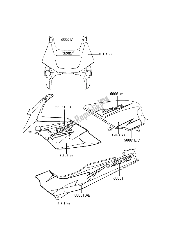 Tutte le parti per il Decalcomanie (m. N. Blu) del Kawasaki GPZ 500S 1995