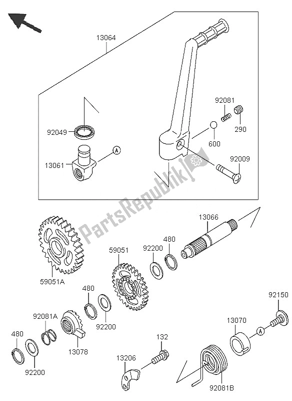 All parts for the Kickstarter Mechanism of the Kawasaki KX 125 2005