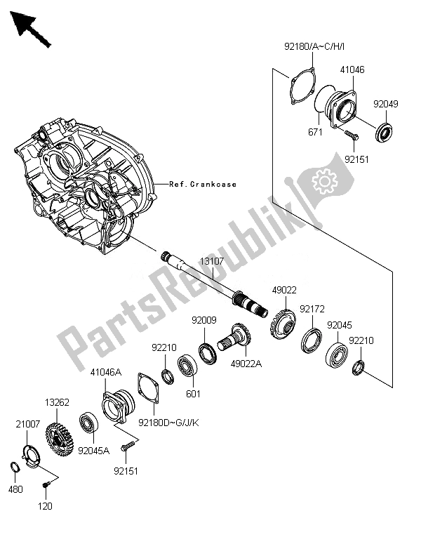 Todas as partes de Engrenagem Cônica Frontal do Kawasaki Brute Force 750 4X4I Epshef 2014