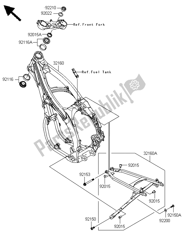 All parts for the Frame of the Kawasaki KX 450F 2008