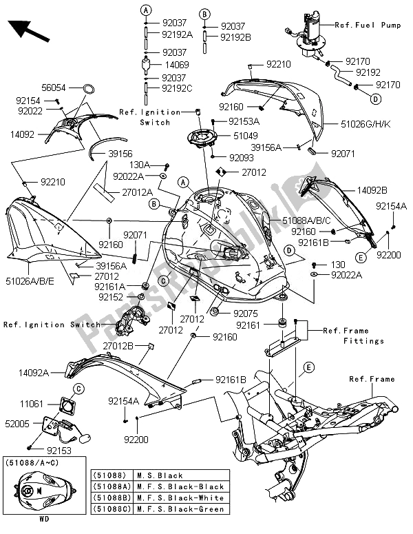 All parts for the Fuel Tank of the Kawasaki Z 800 ABS DEF 2014