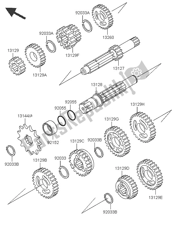 All parts for the Transmission of the Kawasaki KX 65 2005