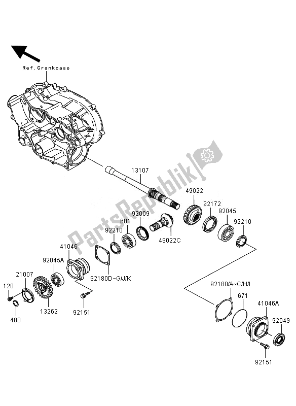 All parts for the Front Bevel Gear of the Kawasaki KVF 360 2007