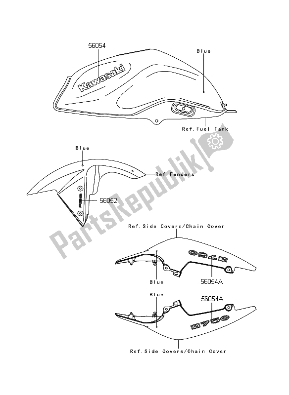 All parts for the Decals (blue) of the Kawasaki Z 750 ABS 2008