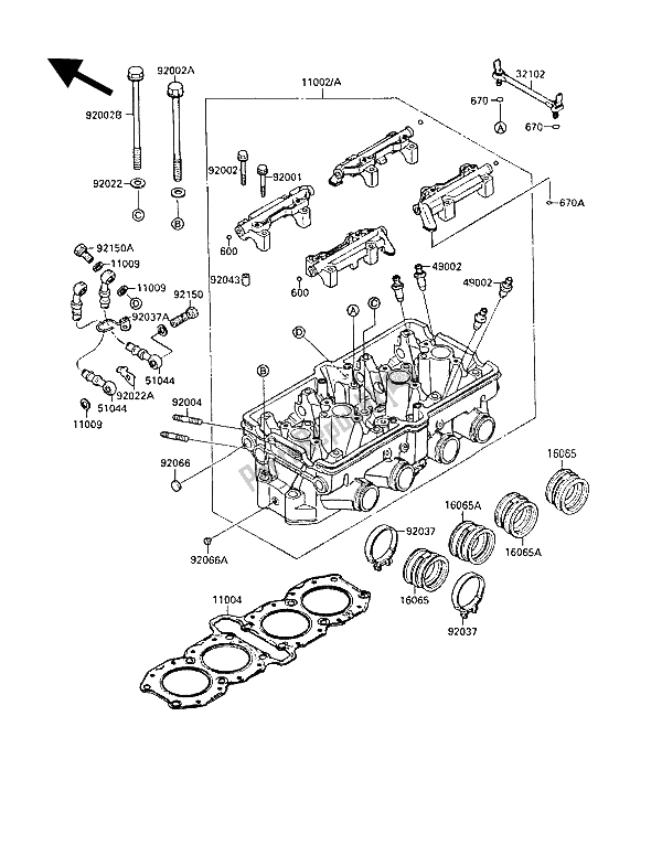 Alle onderdelen voor de Cilinderkop van de Kawasaki GPX 750R 1989