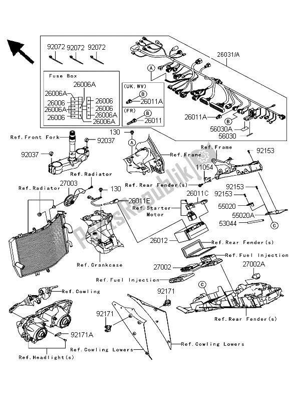 Todas as partes de Equipamento Elétrico Do Chassi do Kawasaki Ninja ZX 10R 1000 2006