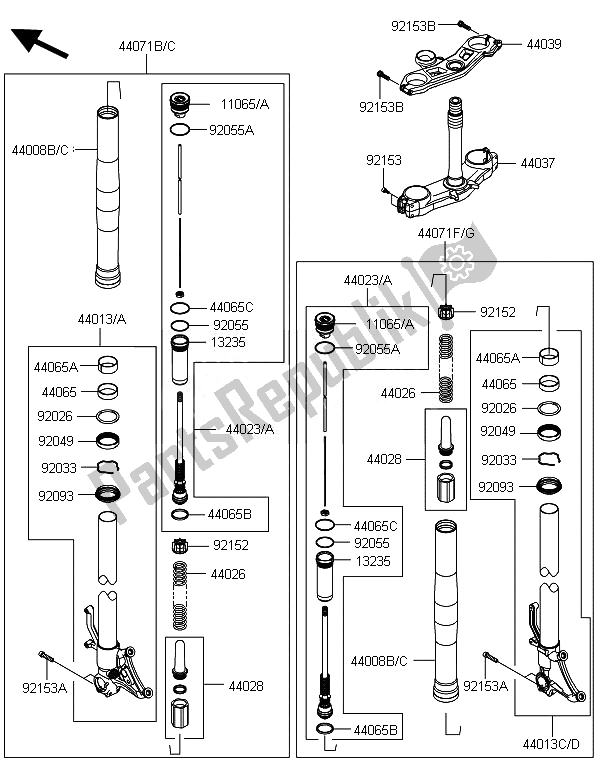 All parts for the Front Fork of the Kawasaki Ninja ZX 10R 1000 2014