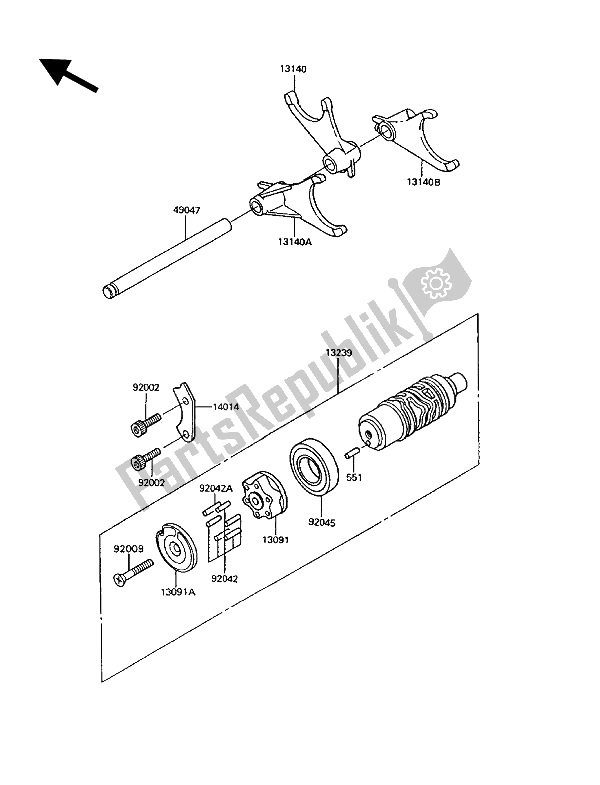 All parts for the Gear Change Drum & Shift Fork(s) of the Kawasaki 1000 GTR 1994