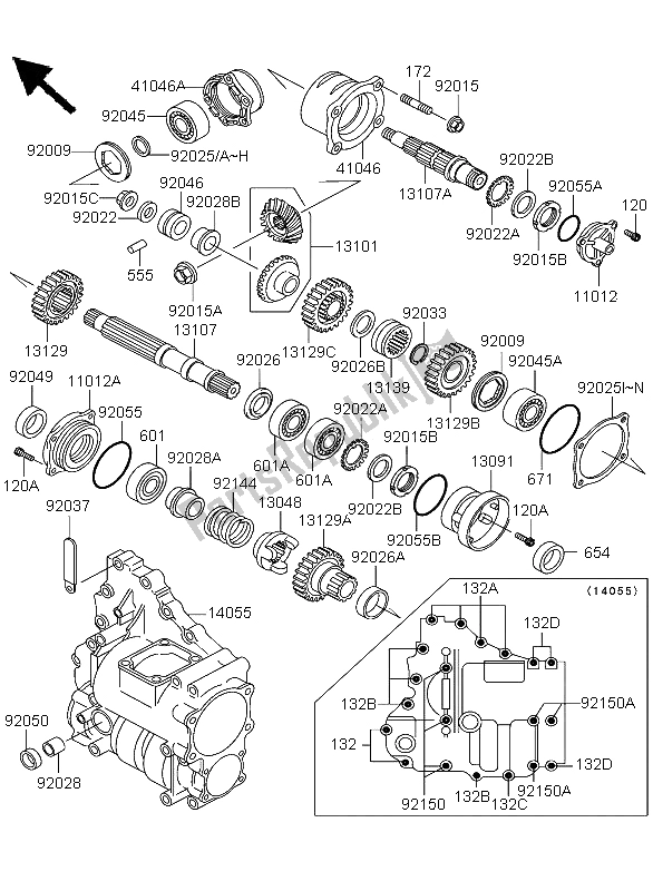 All parts for the Front Bevel Gear of the Kawasaki KLF 300 4X4 2004