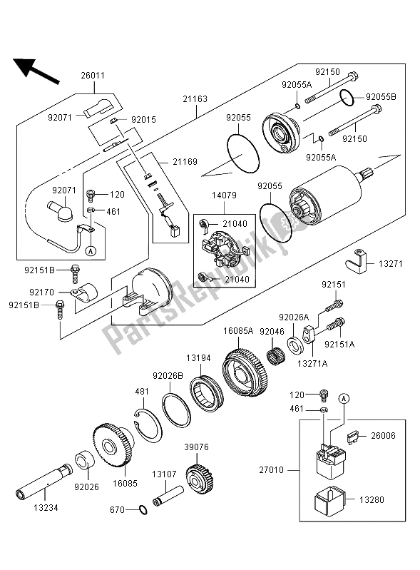All parts for the Starter Motor of the Kawasaki Ninja ZX 12R 1200 2002