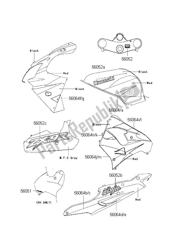 Tutte le parti per il Decalcomanie (rosso-nero) del Kawasaki Ninja ZX 9R 900 2001