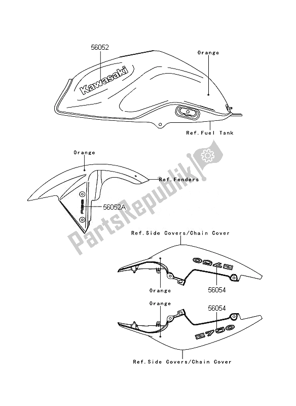 Tutte le parti per il Decalcomanie (arancione) del Kawasaki Z 750 ABS 2010